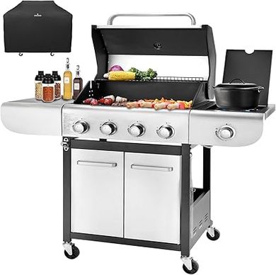 4-Burner Stainless Steel BBQ Grill with Side Burner & Cast Iron Grates
