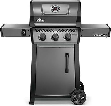 Napoleon Freestyle 365 Gas Grill: 3-burner, folding shelves, instant ignition, porcelain-coated grates.
