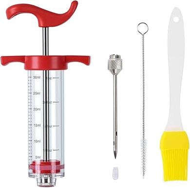 Plastic Meat Injector, Turkey Injector Syringe, Marinade Injector Turkey Injection Kit, Meat Injectors for Smoking, BBQ Grill Injector, Red 1oz (1 Injector 1 Needle)