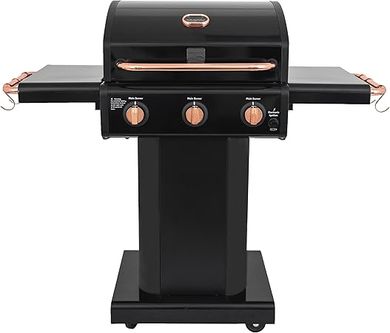 Kenmore 3-Burner Gas Grill:  Foldable side tables, cast iron grates, warming rack, and tool hooks.  30,000 BTUs, black copper accent.
