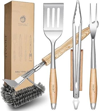 Tivoli 4-Piece BBQ Tool Set: Spatula, Clips, Brush, Forks.  Heavy-duty, wood handles.  Perfect gift for Dad.
