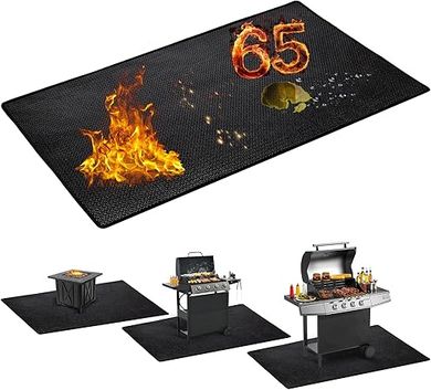 Heavy-duty, fireproof grill mat (65x48") protects decks & grass; water & oil resistant, easy clean.
