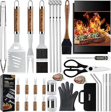 Grilljoy BBQ Grill Set: 31 Heavy-Duty Tools & Silicone Glove, with Storage Bag
