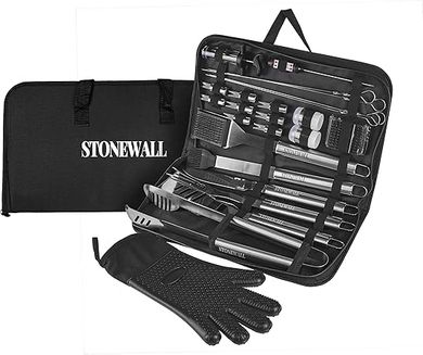 Stonewall Grill Master Set: Stainless Steel Tools, Heat-Resistant Glove, Thermometer, Injector, Skewers
