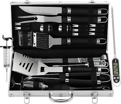 Grilljoy 24-Piece BBQ Tool Set: Stainless Steel, Aluminum Case, Thermometer & Injector Included
