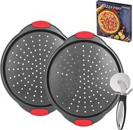 Non-Stick Pizza Pans (2 Pack) with Perforated Holes, Silicone Handle, and Pizza Cutter 
