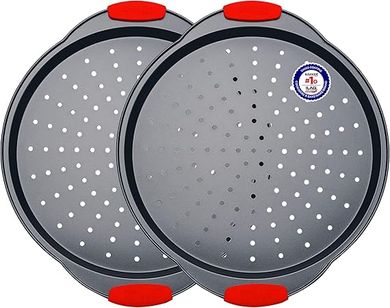 Bakken Carbon Steel Pizza Pan: Two Round, Non-Stick, Silicone-Handled, Perforated.
