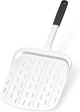 12-Inch Perforated Aluminum Pizza Peel:  Durable, long-handled paddle for indoor/outdoor pizza ovens.
