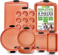 NutriChef 8-Piece Copper Bakeware Set: Nonstick Carbon Steel Pans with Silicone Handles (Loaf, Muffin, Cookie, Pizza, Roasting)
