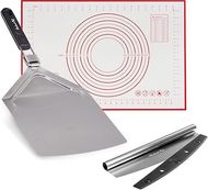 Checkered Chef Pizza Set: Stainless Steel Cutter, Peel & Mat 
