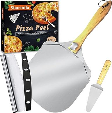 Sharmila 12" Pizza Peel & Cutter Set: Aluminum peel, foldable wooden handle, metal spatula. Perfect for oven baking.
