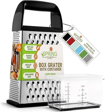 Spring Chef Professional Parmesan Grater: 4-sided stainless steel grater with container, soft grip handle.
