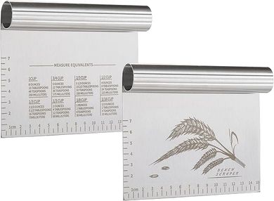 OLULU Stainless Steel Dough Scraper Set: 2 x 6-inch, laser-engraved scale & protective cover.
